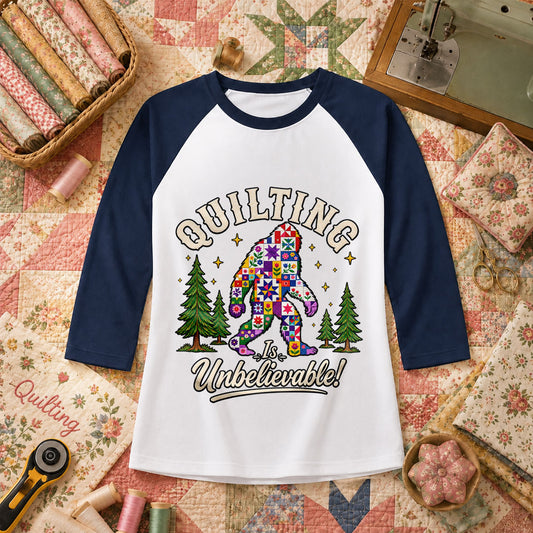 Quilting Is Unbelievable Bigfoot Patchwork Raglan Sleeve - Navy
