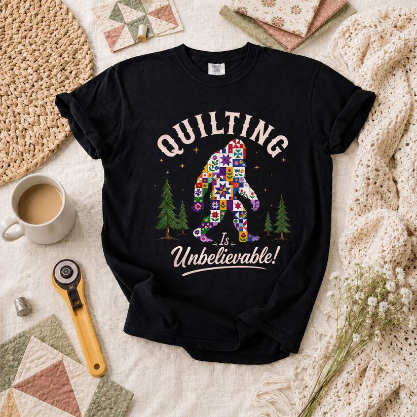 Quilting Is Unbelievable Bigfoot Patchwork T-Shirt - Black