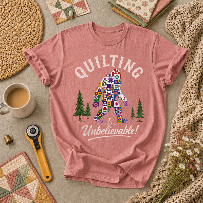 Quilting Is Unbelievable Bigfoot Patchwork T-Shirt - Heather Mauve