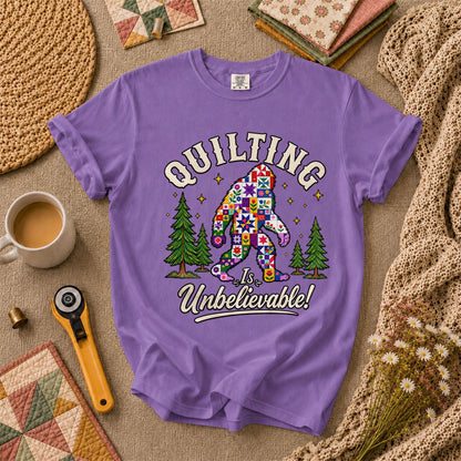 Quilting Is Unbelievable Bigfoot Patchwork T-Shirt - Heather Team Purple