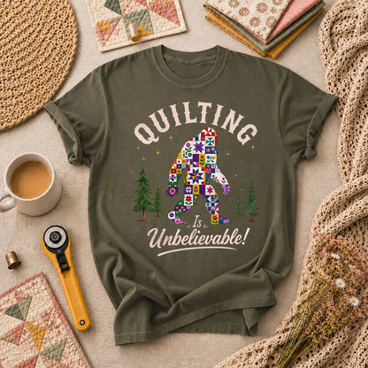 Quilting Is Unbelievable Bigfoot Patchwork T-Shirt - Military Green