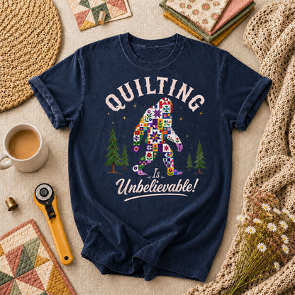 Quilting Is Unbelievable Bigfoot Patchwork T-Shirt - Navy
