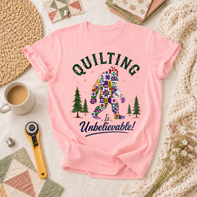 Quilting Is Unbelievable Bigfoot Patchwork T-Shirt - Pink
