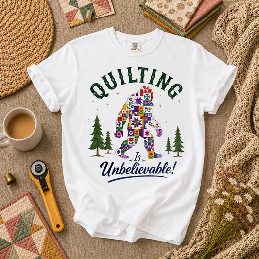 Quilting Is Unbelievable Bigfoot Patchwork T-Shirt - White