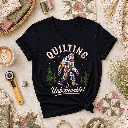 Quilting Is Unbelievable Bigfoot Patchwork Women's V-Neck - Black