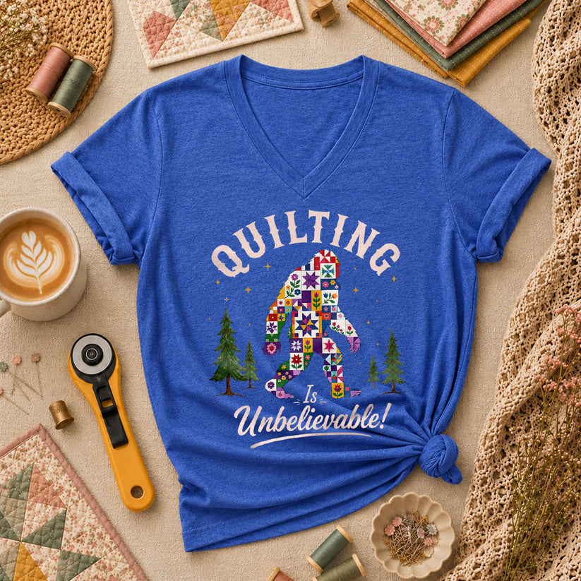 Quilting Is Unbelievable Bigfoot Patchwork Women's V-Neck - Heather True Royal