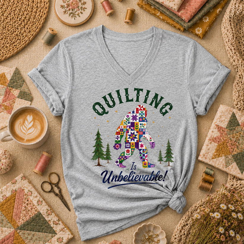 Quilting Is Unbelievable Bigfoot Patchwork Women's V-Neck - Sport Grey