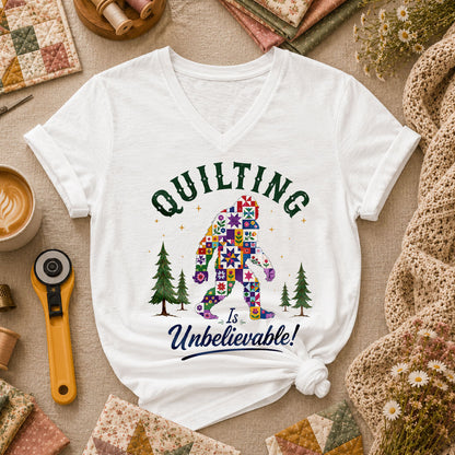 Quilting Is Unbelievable Bigfoot Patchwork Women's V-Neck - White