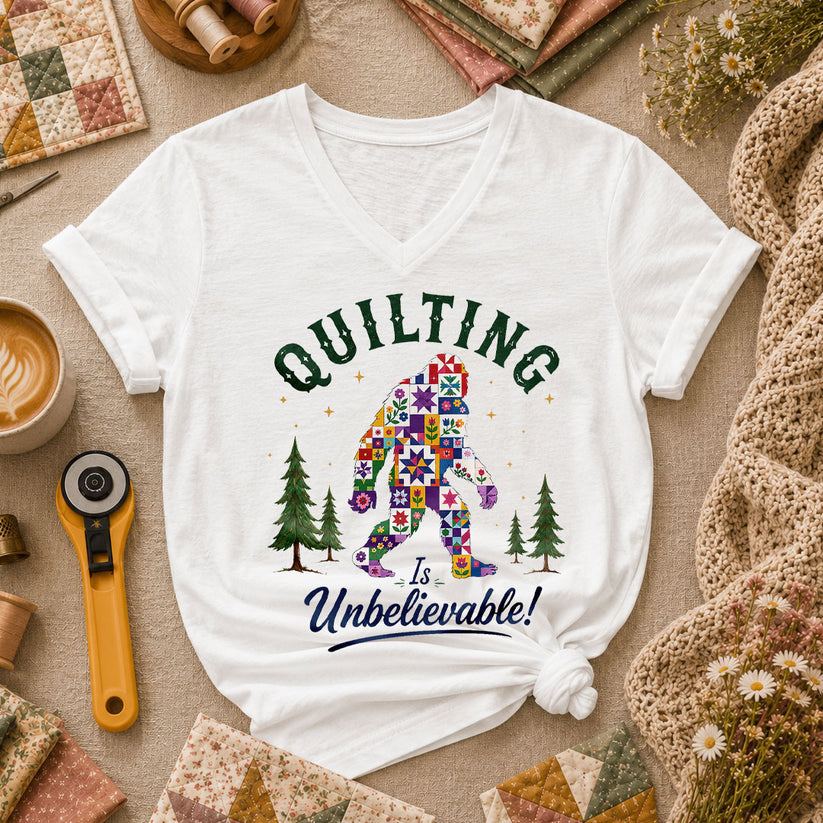 Quilting Is Unbelievable Bigfoot Patchwork Women's V-Neck - White