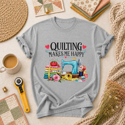 Quilting Makes Me Happy Sewing Machine T-Shirt - Athletic Heather