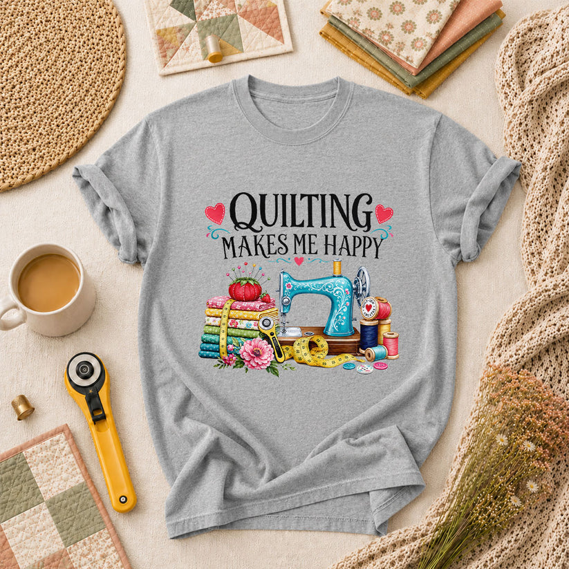 Quilting Makes Me Happy Sewing Machine T-Shirt - Athletic Heather