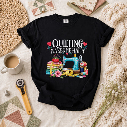 Quilting Makes Me Happy Sewing Machine T-Shirt - Black