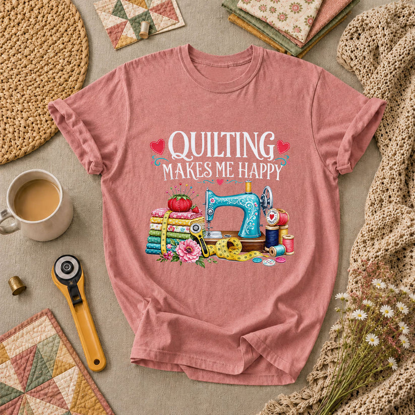 Quilting Makes Me Happy Sewing Machine T-Shirt - Heather Mauve