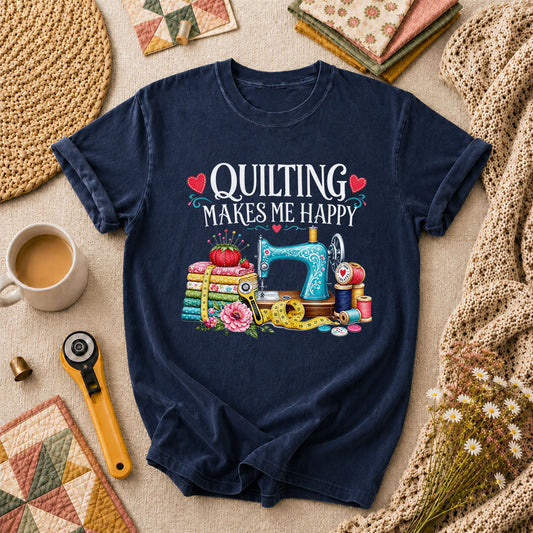 Quilting Makes Me Happy Sewing Machine T-Shirt - Navy