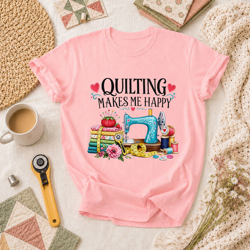 Quilting Makes Me Happy Sewing Machine T-Shirt - Pink