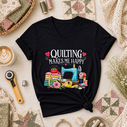 Quilting Makes Me Happy Sewing Machine Women's V-Neck - Black