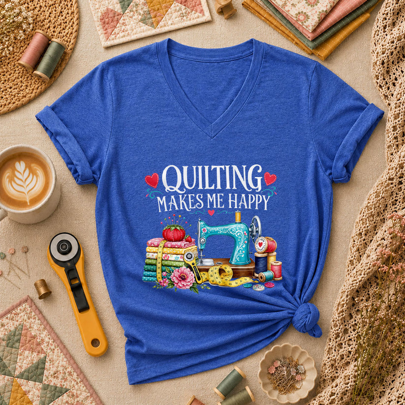 Quilting Makes Me Happy Sewing Machine Women's V-Neck - Heather True Royal