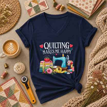Quilting Makes Me Happy Sewing Machine Women's V-Neck - Navy