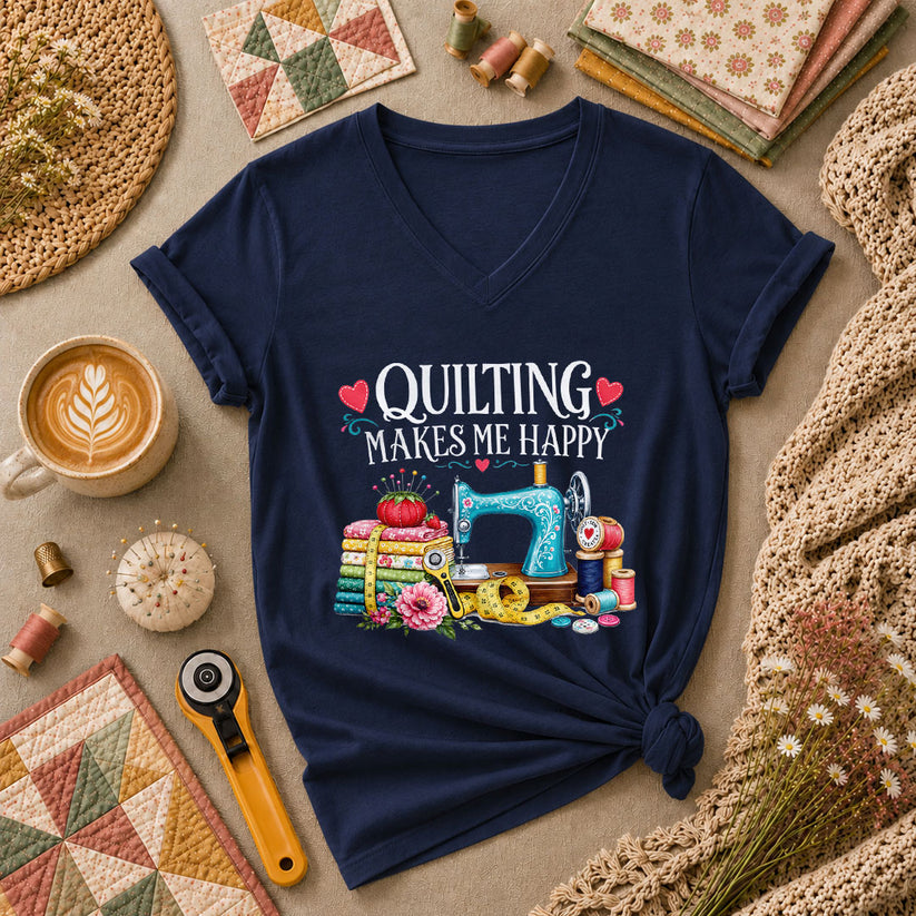 Quilting Makes Me Happy Sewing Machine Women's V-Neck - Navy