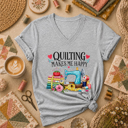 Quilting Makes Me Happy Sewing Machine Women's V-Neck - Sport Grey