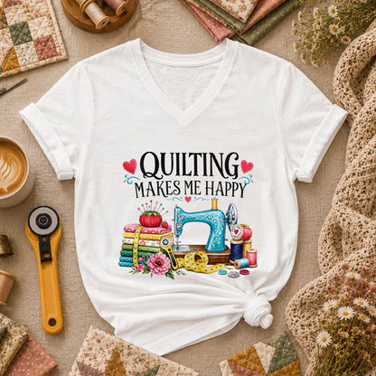 Quilting Makes Me Happy Sewing Machine Women's V-Neck - White