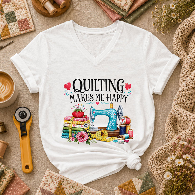 Quilting Makes Me Happy Sewing Machine Women's V-Neck - White