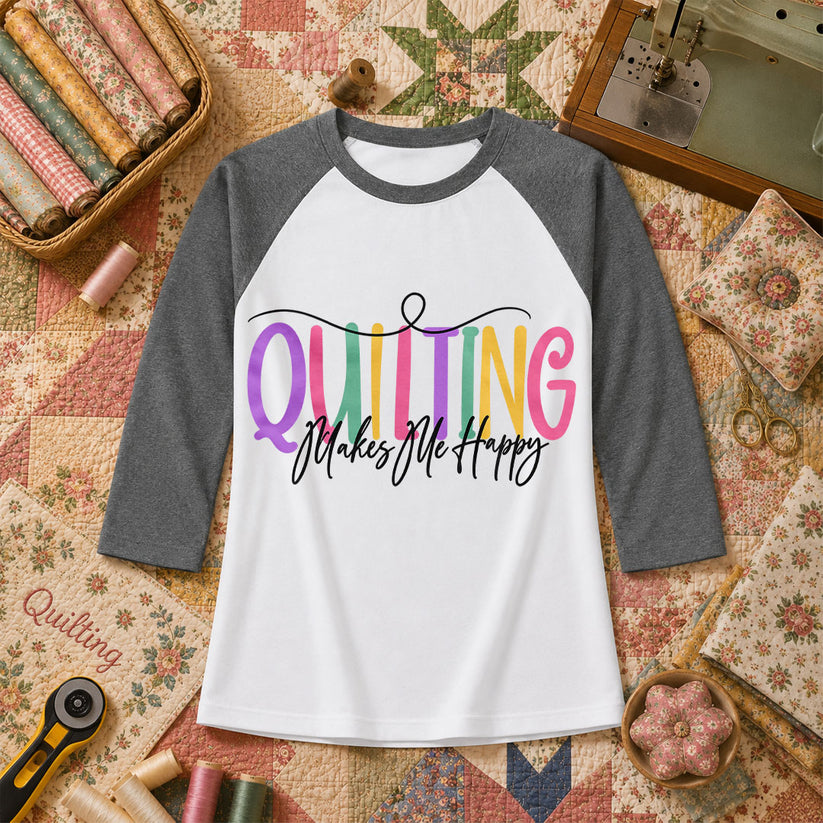 Quilting Makes Me Happy Vintage Raglan Sleeve - Deep Heather