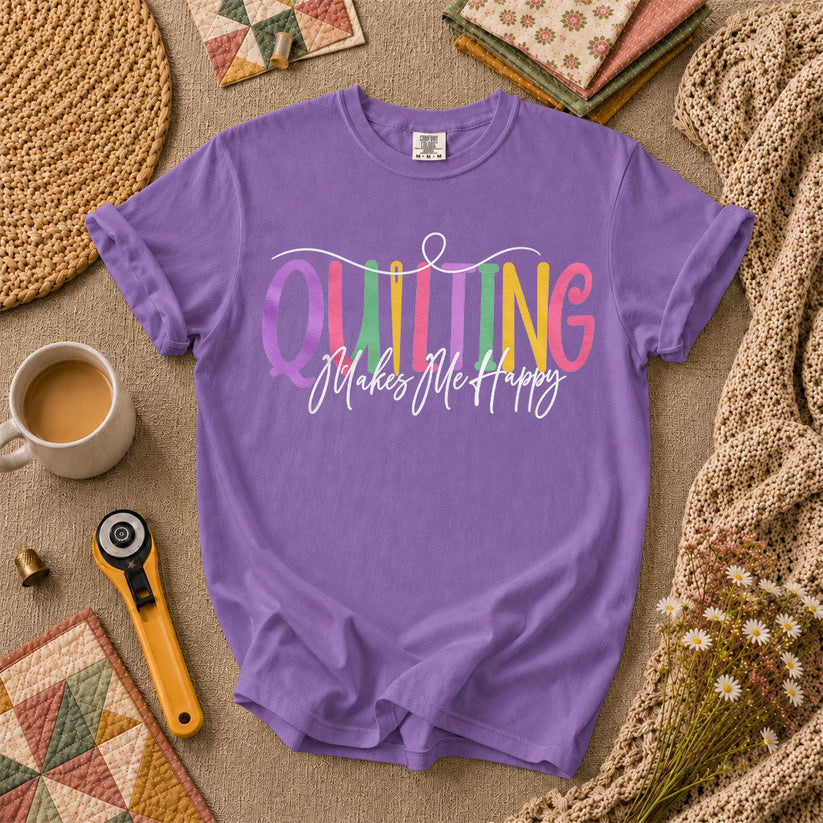 Quilting Makes Me Happy Vintage T-Shirt - Heather Team Purple