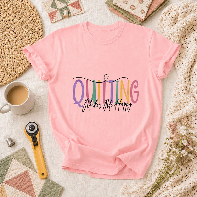 Quilting Makes Me Happy Vintage T-Shirt - Pink