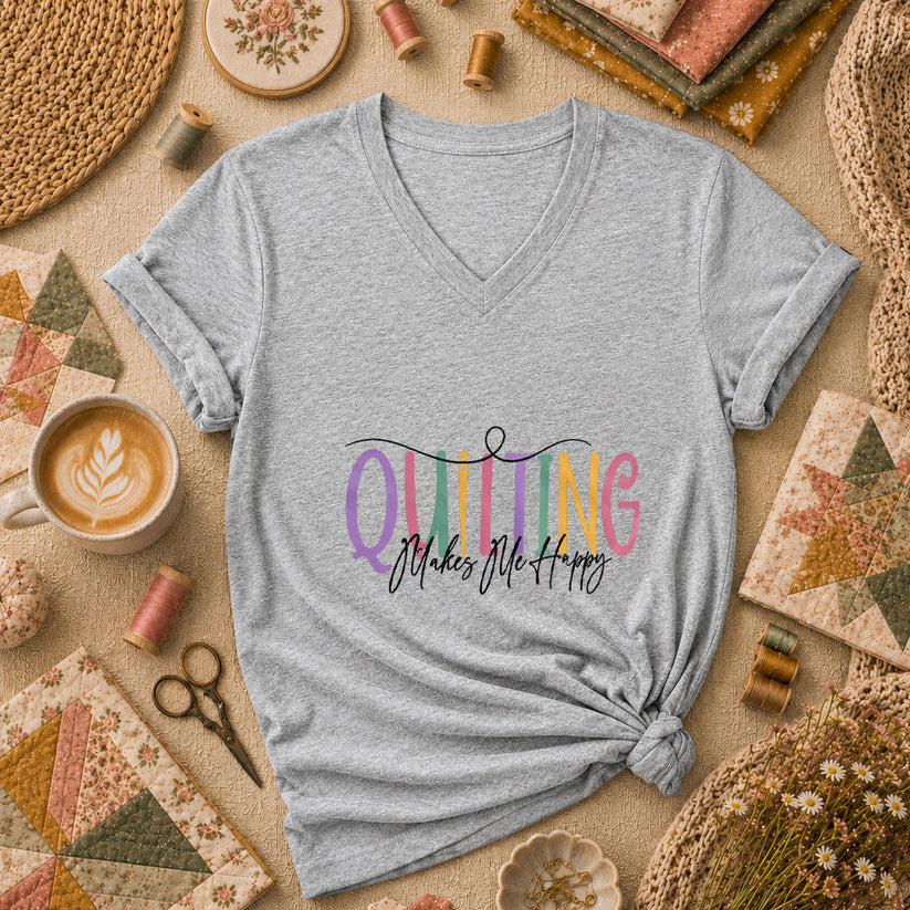 Quilting Makes Me Happy Vintage Women's V-Neck - Athletic Heather
