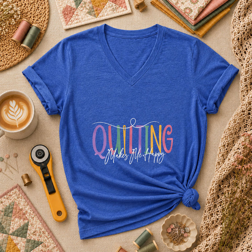 Quilting Makes Me Happy Vintage Women's V-Neck - Heather True Royal