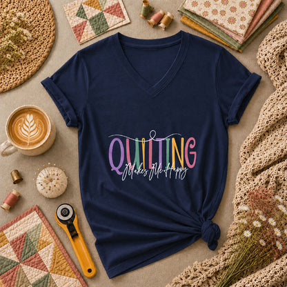 Quilting Makes Me Happy Vintage Women's V-Neck - Navy