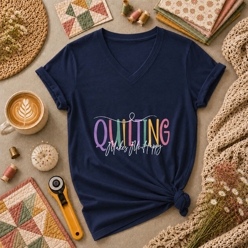 Quilting Makes Me Happy Vintage Women's V-Neck - Navy