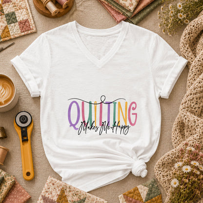 Quilting Makes Me Happy Vintage Women's V-Neck - White
