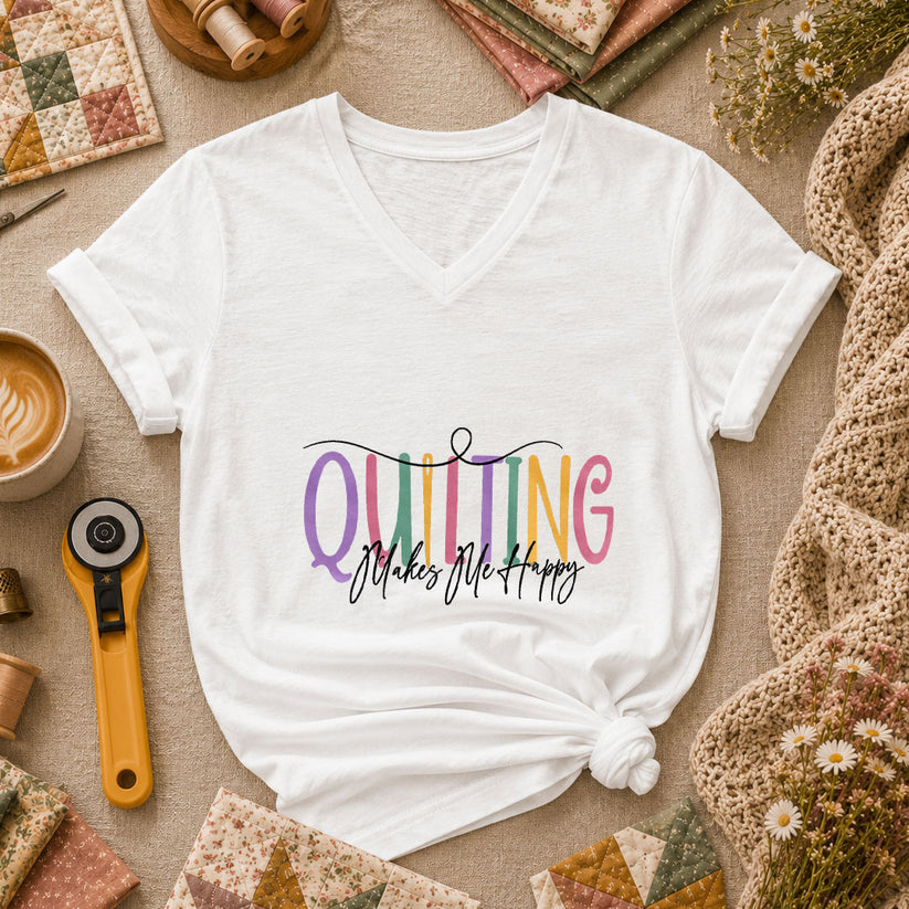 Quilting Makes Me Happy Vintage Women's V-Neck - White