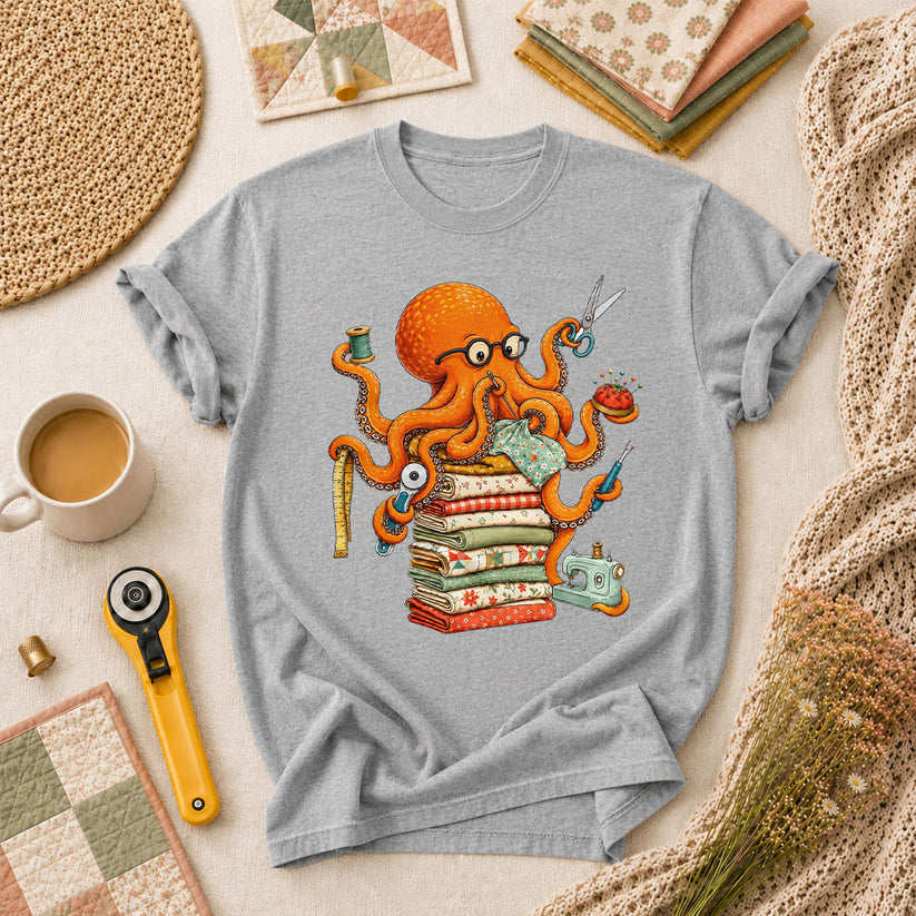Quilting Octopus With Sewing Supplies T-Shirt - Athletic Heather