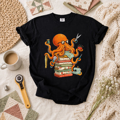 Quilting Octopus With Sewing Supplies T-Shirt - Black