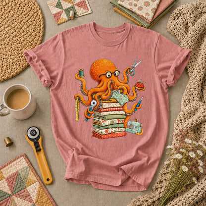 Quilting Octopus With Sewing Supplies T-Shirt - Heather Mauve