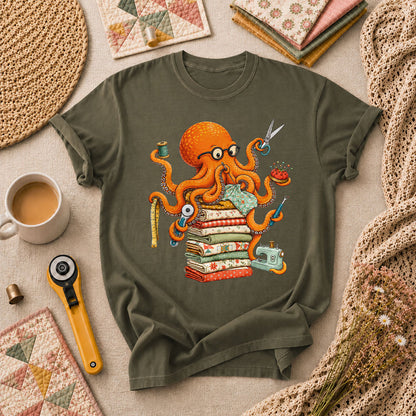 Quilting Octopus With Sewing Supplies T-Shirt - Military Green