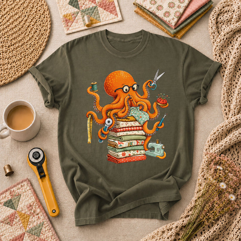 Quilting Octopus With Sewing Supplies T-Shirt - Military Green