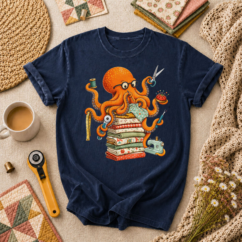 Quilting Octopus With Sewing Supplies T-Shirt - Navy