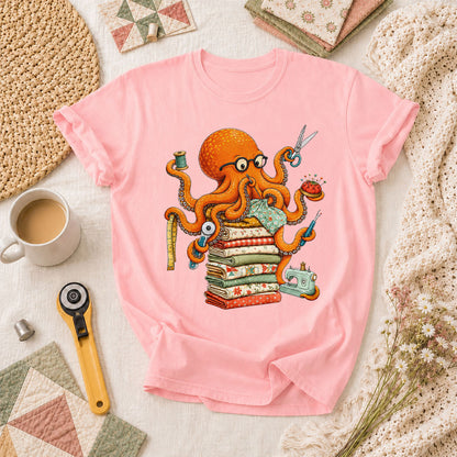Quilting Octopus With Sewing Supplies T-Shirt - Pink