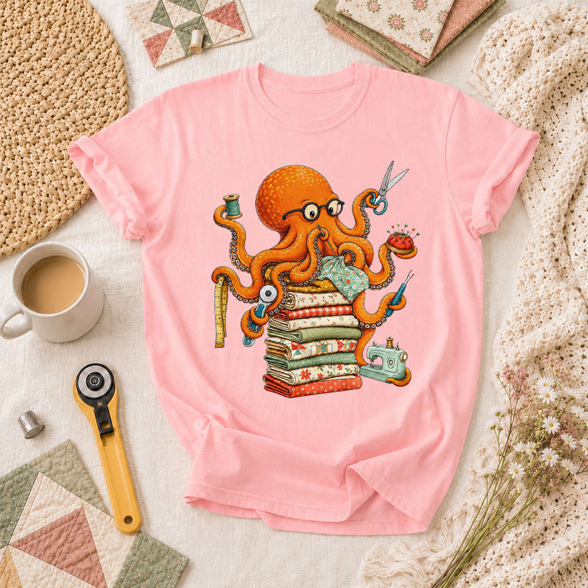 Quilting Octopus With Sewing Supplies T-Shirt - Pink