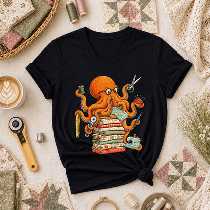Quilting Octopus With Sewing Supplies Women's V-Neck - Black
