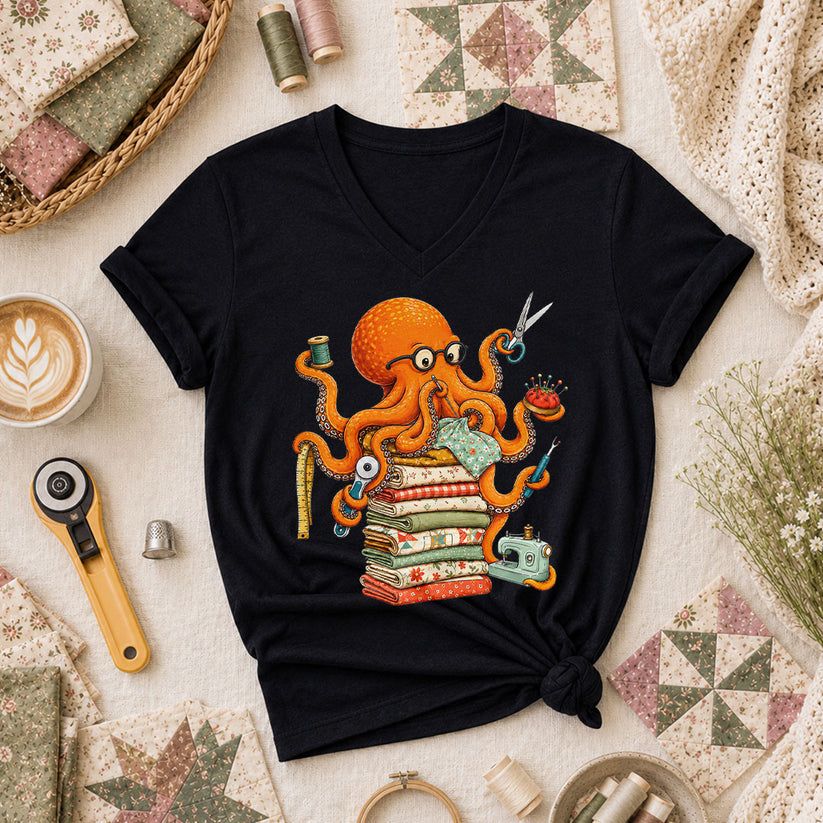 Quilting Octopus With Sewing Supplies Women's V-Neck - Black