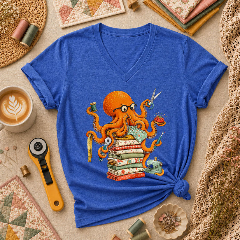 Quilting Octopus With Sewing Supplies Women's V-Neck - Heather True Royal