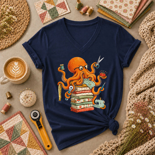 Quilting Octopus With Sewing Supplies Women's V-Neck - Navy