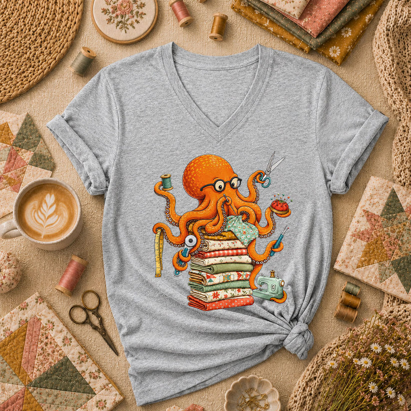 Quilting Octopus With Sewing Supplies Women's V-Neck - Sport Grey