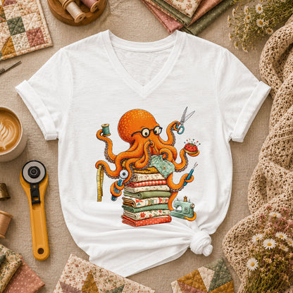 Quilting Octopus With Sewing Supplies Women's V-Neck - White