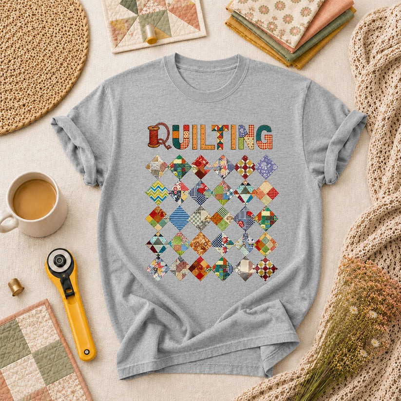 Quilting Patchwork Diamond Blocks Grid Typography T-Shirt - Athletic Heather